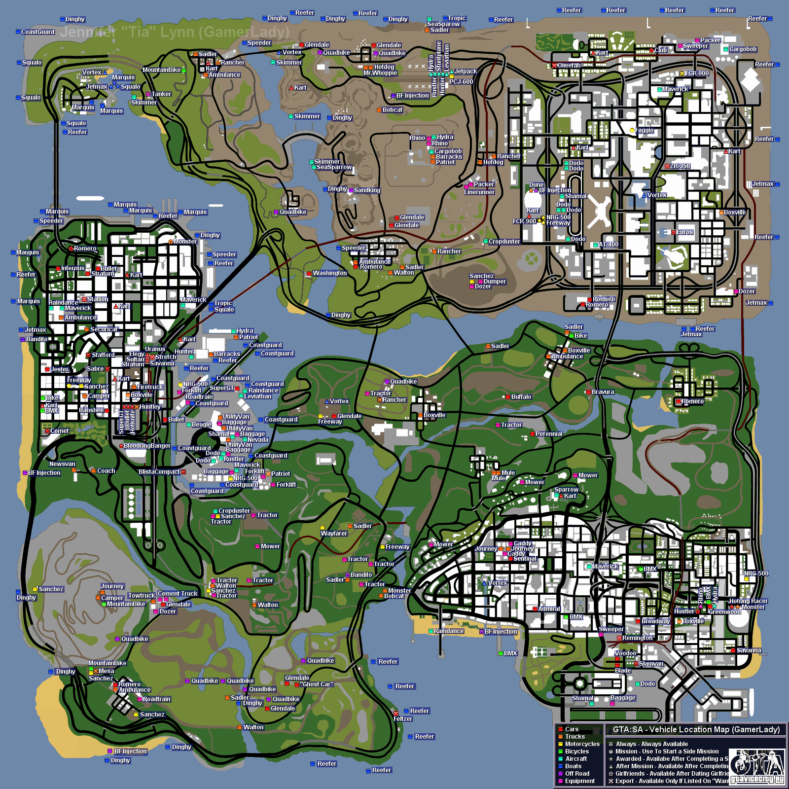 Карта расположения транспорта в GTA San Andreas